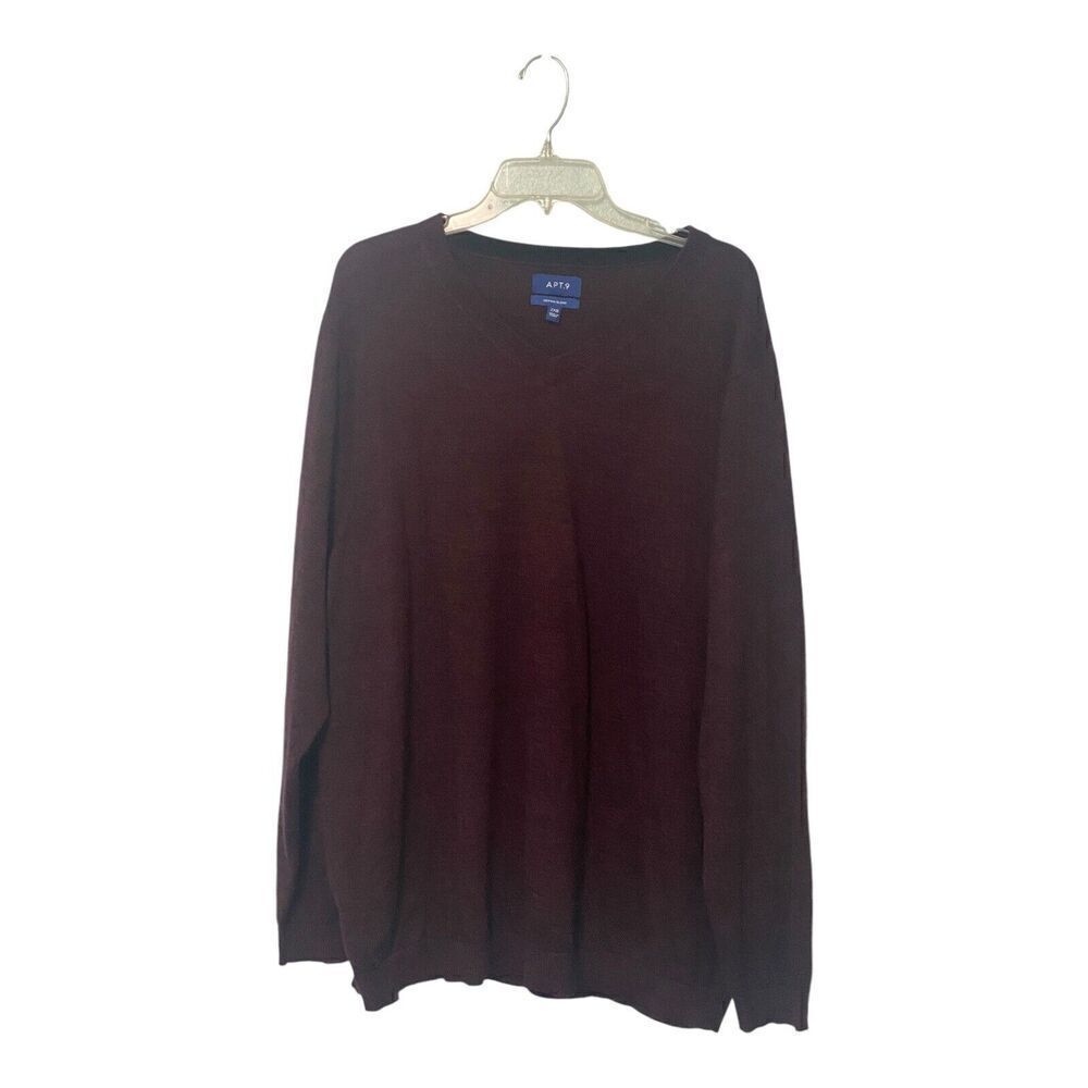 Apt 9 Mens 2XB Wool Blend Lightweight VNeck Long Sleeve Maroon Pull-Over Sweater